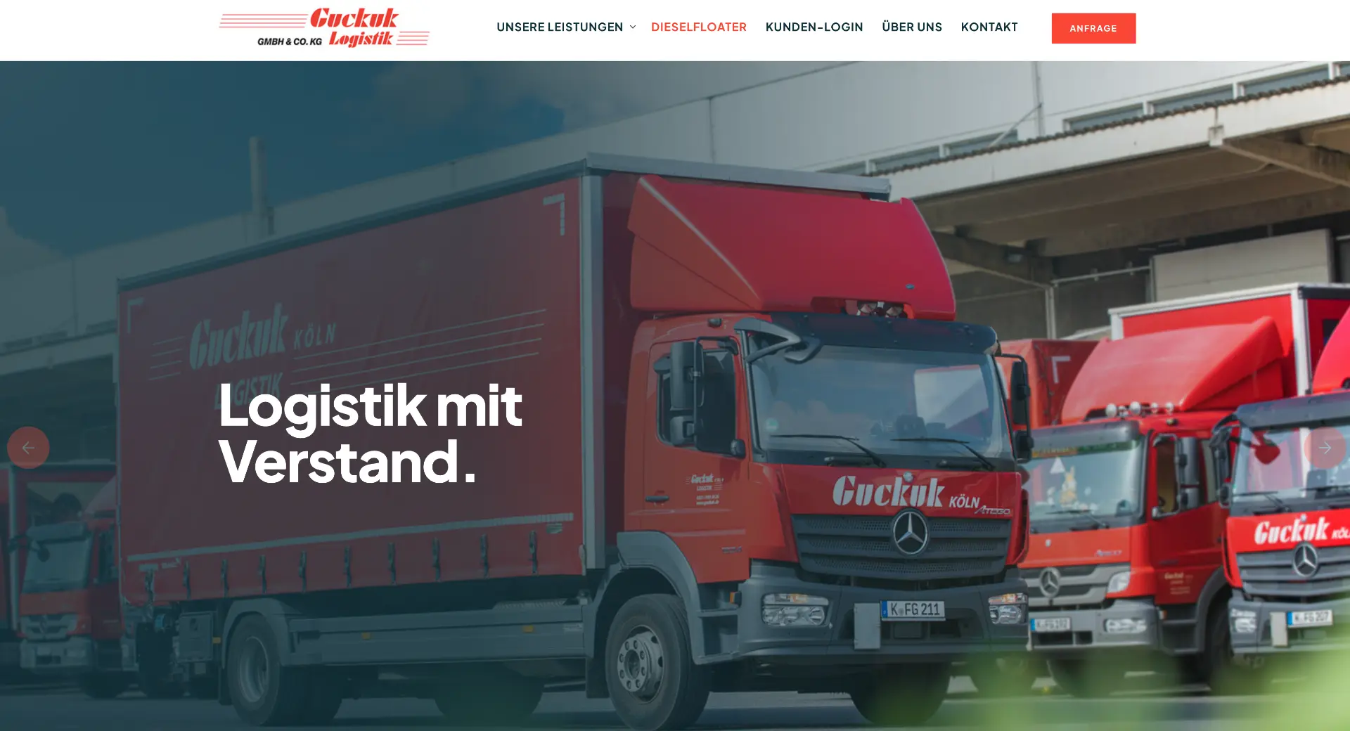 Startseite von GUCKUK Logistik mit LKW-Aufnahme und dem Satz „Logistik mit Verstand.“